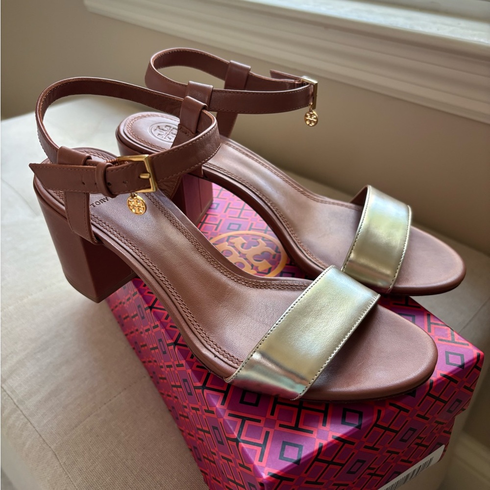 Tory Burch Brown and Gold Strap Sandals